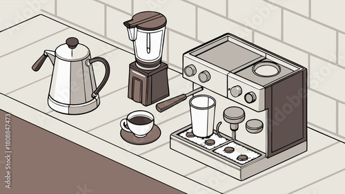 Isometric Modern Kitchen Coffee Appliances Espresso Machine Kettle Blender Countertop Home Brewing Decor Web Design
