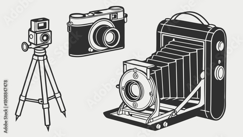 Vintage Photography Cameras Vector Illustration Set Retro Film Equipment for Creative Design, Nostalgic Art, and Hobby Projects