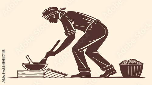 Artisan Cook Stirring Traditional Food Over Fire Rustic Kitchen Scene Vintage Illustration