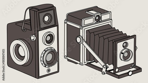 Classic Box Camera and Folding Camera Retro Photography Equipment for Nostalgic Design and Historical Technology Projects