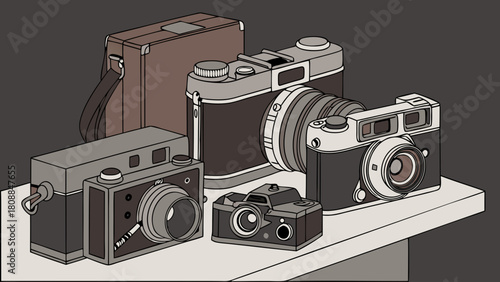 Nostalgic Vintage Film Cameras and Bag Displayed on Shelf Retro Photography Illustration for Creative Hobbyists and Design