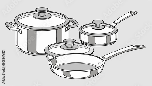 Modern Stainless Steel Cookware Set. Versatile Pots and Pans for Home Cooking, Culinary Preparation, Kitchen Design, and Recipe Content.