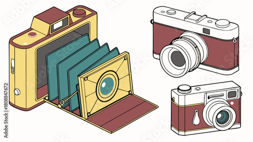 Classic Vintage Photography Cameras Isometric Illustration Retro Bellows and Rangefinder Design for Creative Projects and Nostalgia