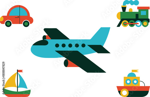 Colorful transportation icons bring childhood joy, perfect for kids' themes design work