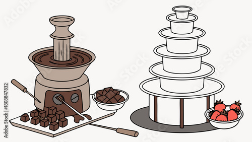 Delicious Chocolate Fountains with Strawberries and Fondue for Sweet Party Dessert and Festive Celebration Catering Indulgence.
