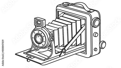 Classic Vintage Folding Camera Line Art Illustration. Retro Photography Equipment Drawing for Historical Content, Creative Design, and Nostalgic Marketing.