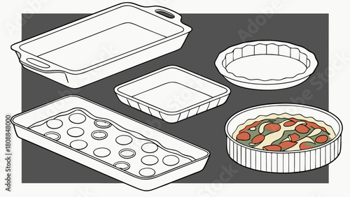 Baking Pans and Dishes Line Art Illustration for Home Cooking and Professional Baking. Kitchen Bakeware Vector Drawing for Culinary Websites and Recipe Books.