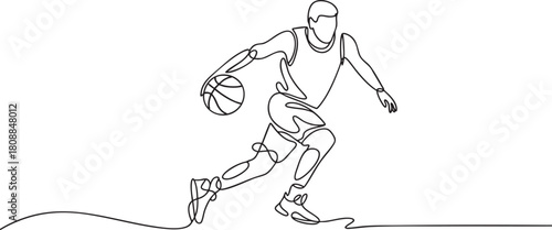 Continuous single line drawing of a basketball player in action, minimalist athlete movement captured in simple outline style vector illustration