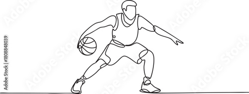 Continuous single line drawing of a basketball player in action, minimalist athlete movement captured in simple outline style vector illustration