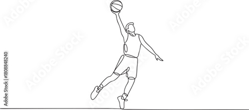 Continuous single line drawing of a basketball player in action, minimalist athlete movement captured in simple outline style vector illustration