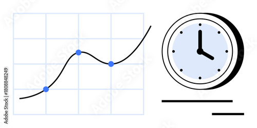 Graph with curved line and blue data points paired with an analog clock. Ideal for analytics, progress tracking, time management, productivity, deadlines, business planning, simple flat metaphor