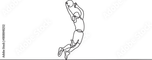 Continuous single line drawing of a basketball player in action, minimalist athlete movement captured in simple outline style vector illustration