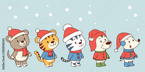 Festive Christmas animal characters in winter clothes and santa hats. Great for holiday cards, kids posters, stickers and seasonal projects. Vector EPS.