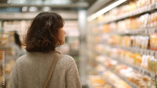 Wallpaper Mural Woman standing in a grocery store aisle, looking at the shelves. she is wearing a beige sweater and has shoulder-length brown hair. Torontodigital.ca