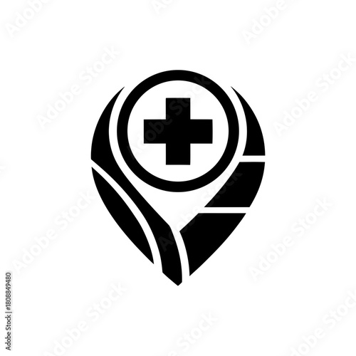 Medical cross inside location marker icon on transparent background silhouette