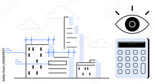 Buildings under construction with scaffolding, stylized eye representing vision, and calculator denoting budgeting. Ideal for architecture, urban planning, construction, strategy, vision, financial