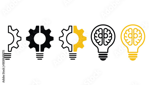 Five icons showing progression from gear to brain light bulb in black and yellow cogwheel idea