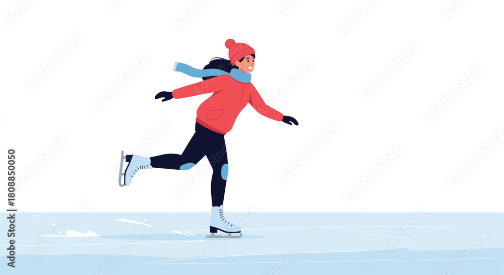Obraz premium A cheerful young woman gracefully ice skates on a frozen pond during winter, enjoying a cold weather activity and outdoor recreation period.