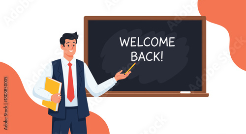 A smiling male teacher gestures towards a chalkboard displaying a welcome back message, holding books and a pointer in a classroom setting.