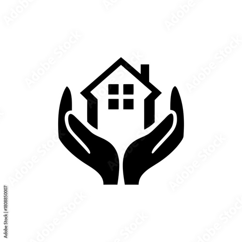 House in hands protection black silhouette on transparent background