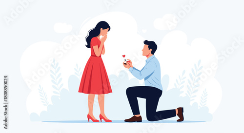 A man kneels to propose to a surprised woman, presenting a ring in a romantic outdoor setting, symbolizing love and commitment.