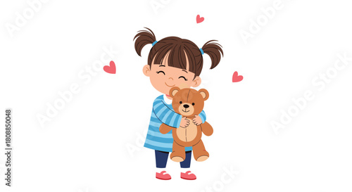 A cheerful little girl with pigtails lovingly embraces a cuddly teddy bear, surrounded by floating hearts, conveying warmth and affection.