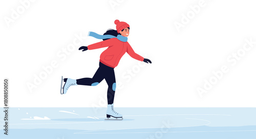 A cheerful young woman gracefully ice skates on a frozen pond during winter, enjoying a cold weather activity and outdoor recreation period.