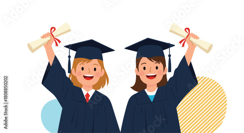Two cheerful female graduates celebrate their academic achievement, raising diplomas with joyful expressions while wearing caps and gowns, symbolizing success.