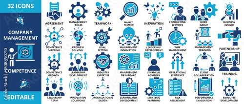 Company Management and Competence Icon Set – Business Strategy Vector Collection. Corporate Leadership, Teamwork, and Management Skills Icon Pack