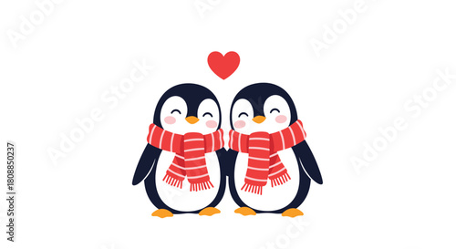 Two adorable penguins wearing red and white striped scarves stand closely together with a red heart floating between them, symbolizing love and companionship.