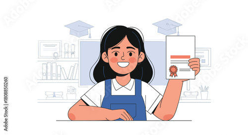A cheerful young woman proudly displays her graduation certificate while sitting at a desk with academic symbols in the background.
