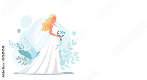 Elegant bride in a white wedding dress holds a bouquet of blue flowers, looking off to the side with a serene expression, surrounded by floral elements.
