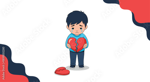Sad little boy holding a broken heart, expressing feelings of grief and loss with tears streaming down his face, symbolizing heartbreak and emotional pain.