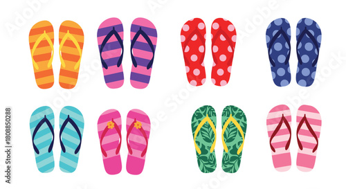 Colorful collection of summer flip-flops arranged in a grid pattern, showcasing various designs and patterns for beach or vacation themes.