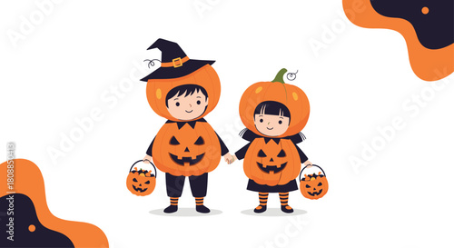 Two adorable children dressed in pumpkin costumes hold trick-or-treat buckets, happily celebrating Halloween together with a festive background.