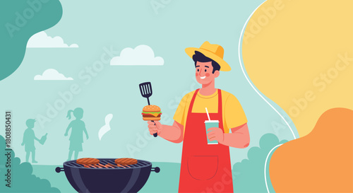 A cheerful man grilling burgers outdoors on a sunny day with children playing in the background, enjoying a summer barbecue scene.