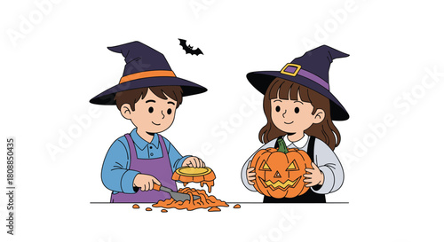 Two cheerful children dressed as witches are carving a jack-o'-lantern and enjoying the festive spirit of Halloween together, creating a spooky decoration.