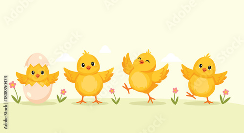 Adorable cartoon chicks hatching and celebrating in a cheerful springtime scene with flowers and a bright yellow background, perfect for Easter designs.