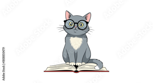 Charming gray cat wearing glasses sits atop an open book, radiating intelligence and a love for reading in a delightful cartoon illustration.