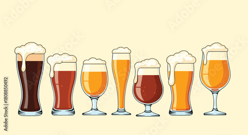 A colorful collection of various beer styles in different glasses, showcasing a range of hues and foam heads, perfect for beverage illustrations.