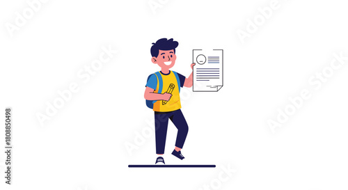 A cheerful young student proudly displays a completed assignment while holding a pencil and wearing a backpack, representing academic success and learning.