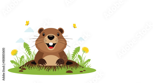 A cheerful groundhog peeks out from its burrow surrounded by lush green grass, dandelions, and fluttering yellow butterflies, creating a whimsical springtime scene.