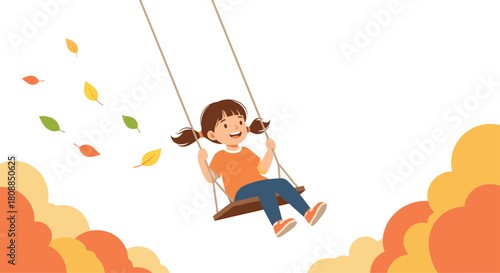 A cheerful young girl enjoys a carefree autumn afternoon on a wooden swing amidst falling leaves and vibrant foliage, radiating joy and seasonal delight.