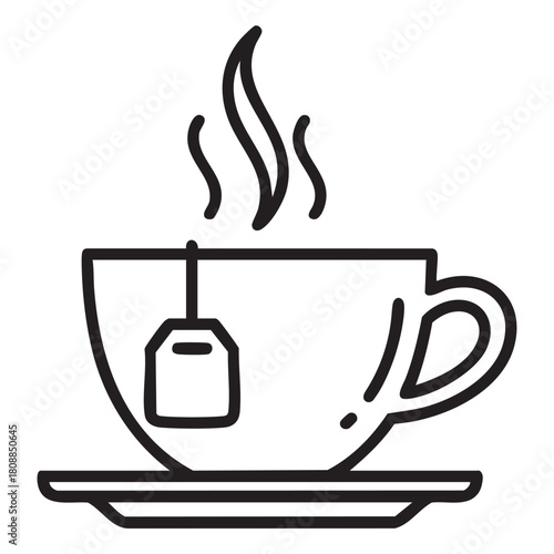 Steaming hot tea cup with teabag on saucer, simple line art icon illustration isolated on transparent background, Vector