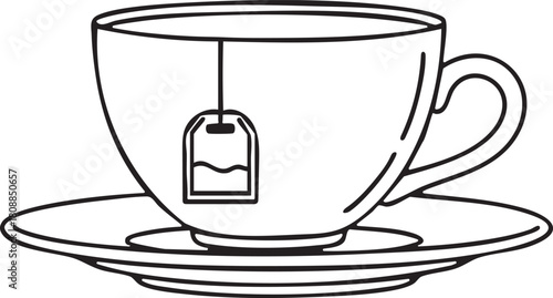 Teacup with teabag and saucer line art illustration on a clean background isolated on transparent background, Vector