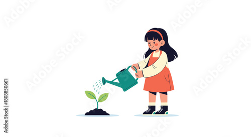 A young girl cheerfully waters a small seedling, nurturing new life and growth in a simple garden scene, representing care and responsibility.