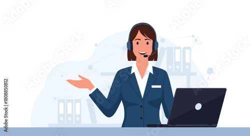 Friendly customer service representative wearing a headset and gesturing while working at a computer, offering support and assistance to clients.