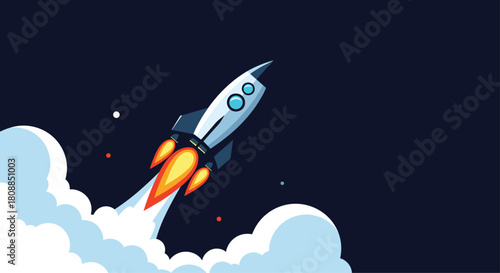 A sleek, modern rocket ship blasts off into the dark expanse of space, leaving a trail of fiery exhaust and billowing smoke behind it.