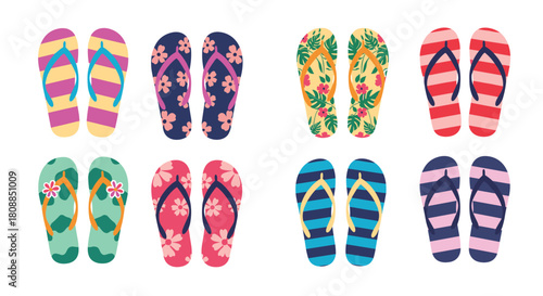 Colorful collection of patterned flip-flops arranged in a grid, perfect for summer, beach vacations, and warm weather lifestyle imagery.