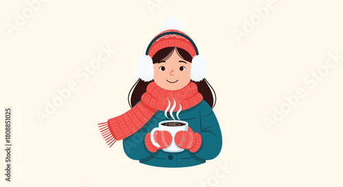 A cheerful young woman enjoys a warm beverage outdoors during the cold winter season, bundled up in cozy knitwear and earmuffs.